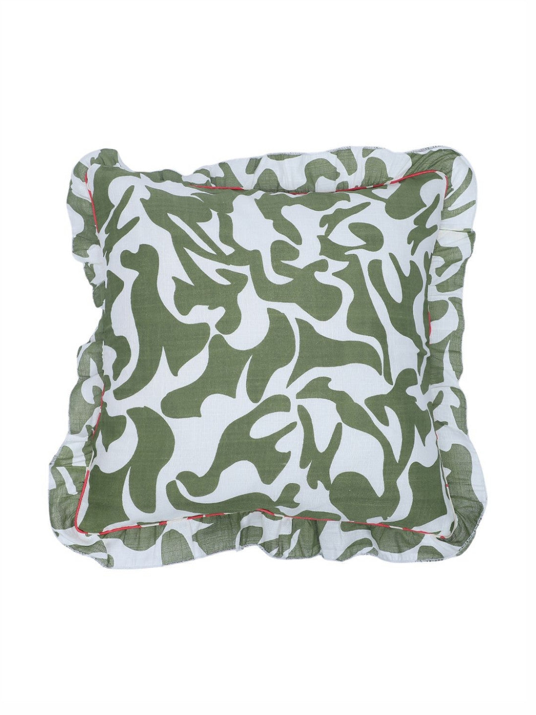 Olive green abstract printed ruffled edge square shaped cushion covers, set of 2, olive green & white